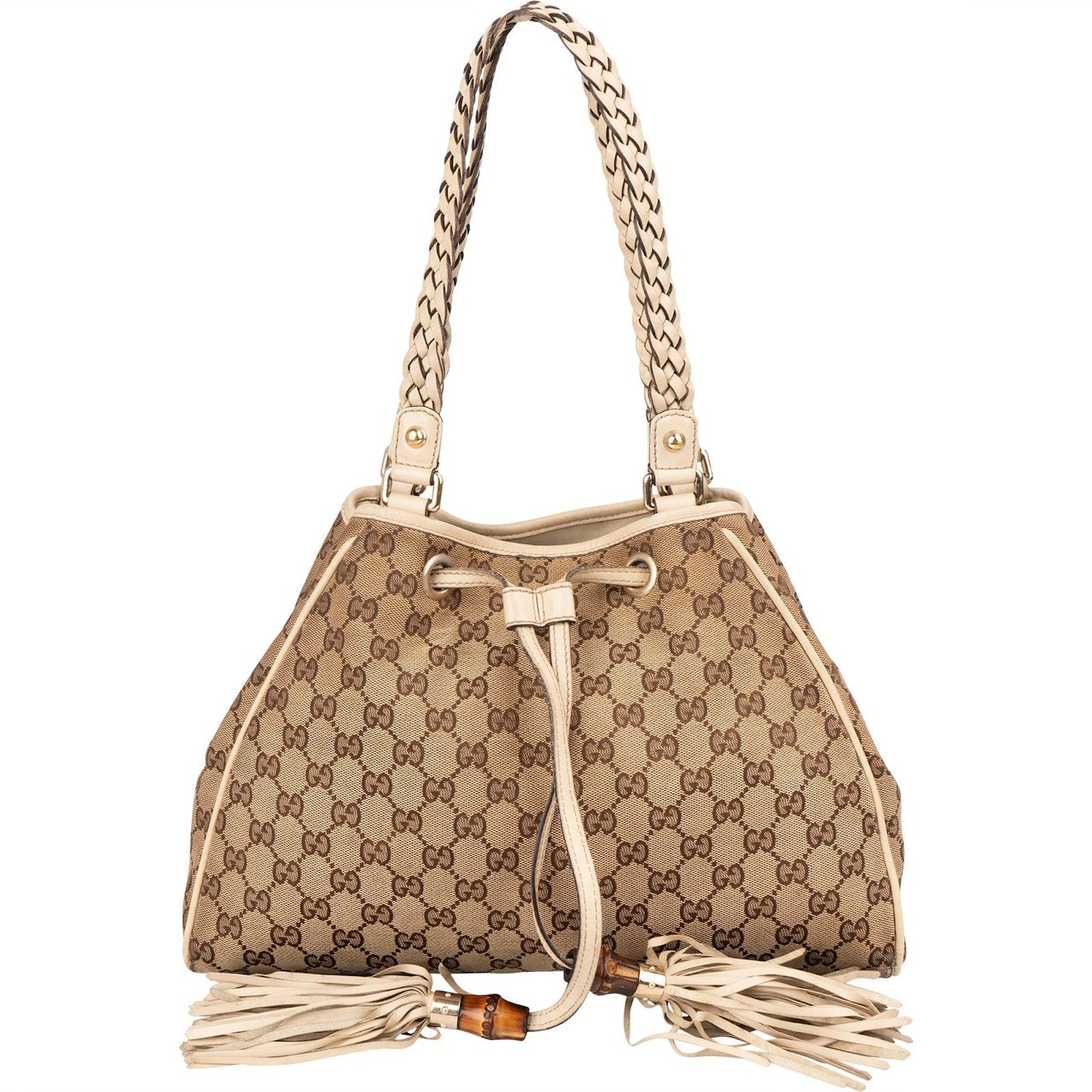 Gucci Monogram GG Canvas Bamboo Tassel Tote Shoulder Bag Beige