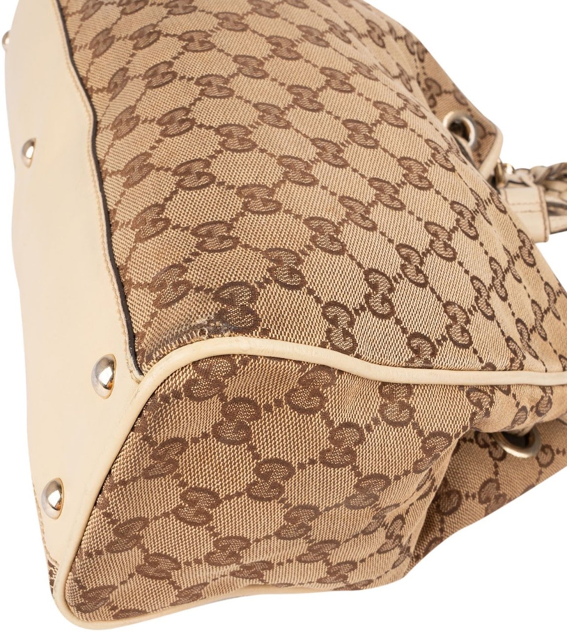 Gucci Monogram GG Canvas Bamboo Tassel Tote Shoulder Bag Beige