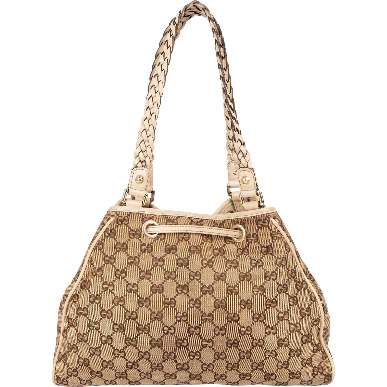 Gucci Monogram GG Canvas Bamboo Tassel Tote Shoulder Bag Beige