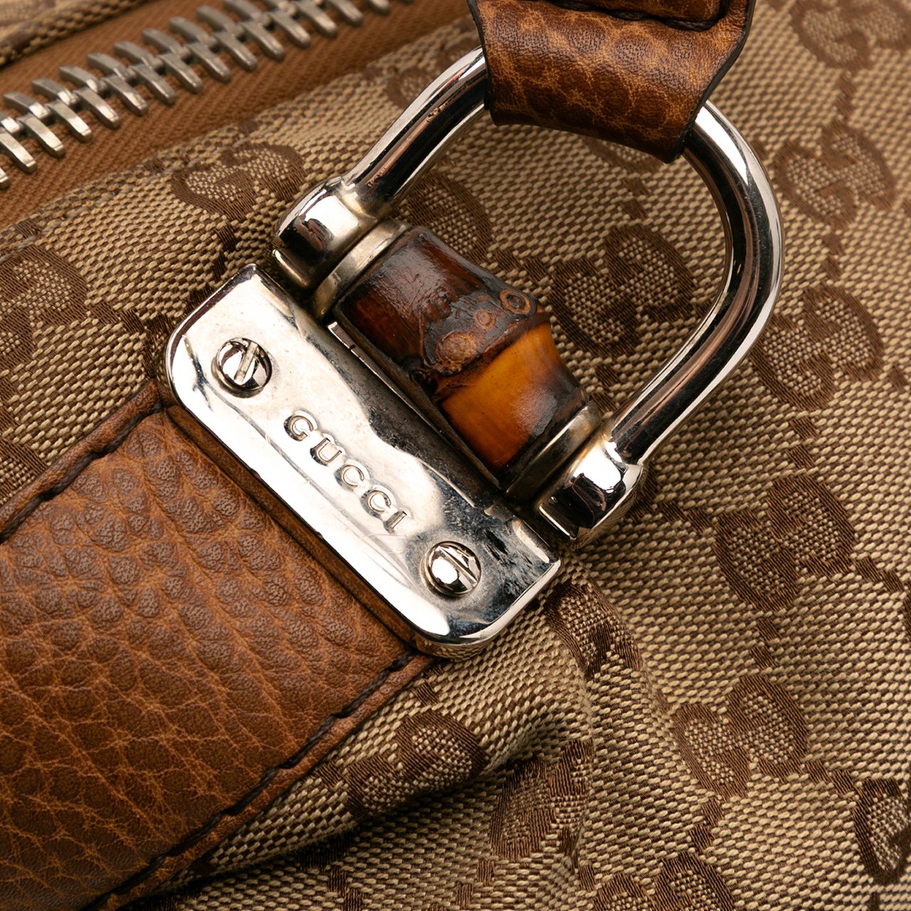 Gucci Large GG Canvas Bamboo Bar Tote Bruin