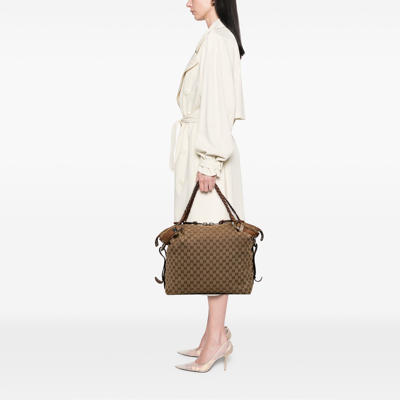Gucci Large GG Canvas Bamboo Bar Tote Bruin