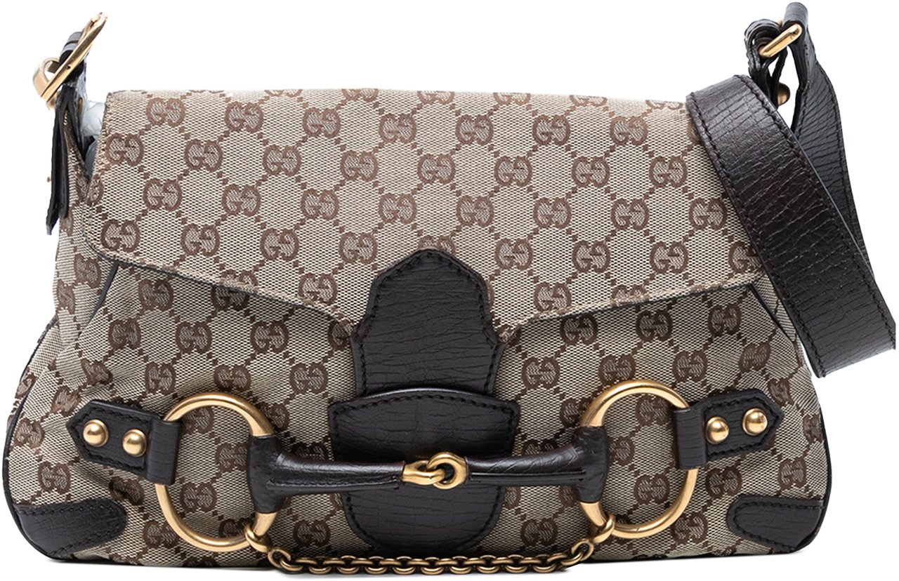 Gucci GG Canvas Horsebit Shoulder Bag Bruin