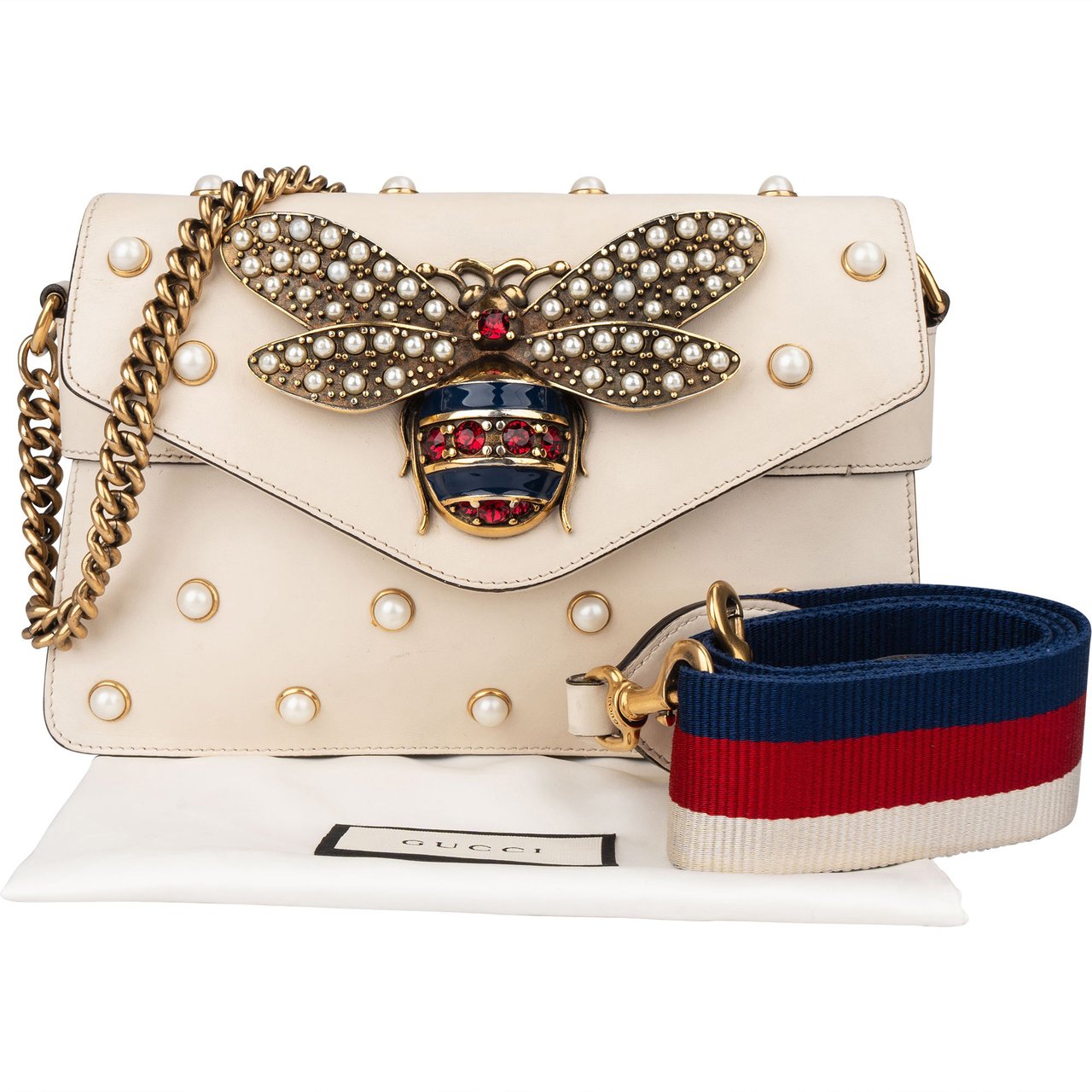 Gucci Gucci White Leather Queen Margaret Bee Crossbody Bag Wit
