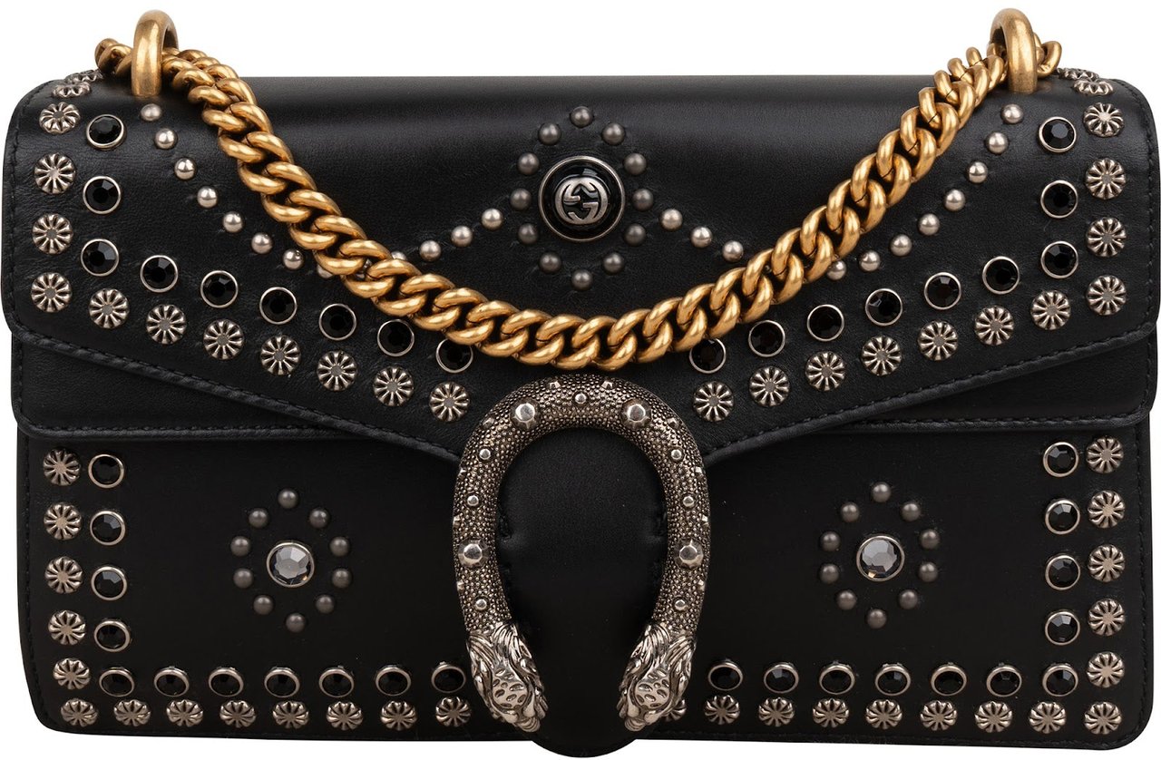 Gucci Black Soft Leather Dionysus Studded Shoulder Bag Zwart