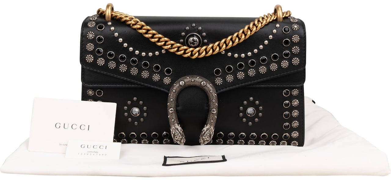 Gucci Black Soft Leather Dionysus Studded Shoulder Bag Zwart