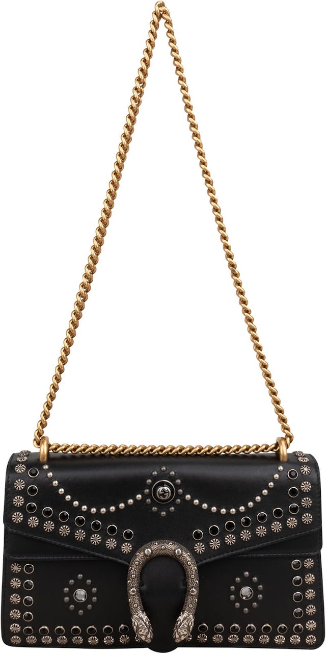 Gucci Black Soft Leather Dionysus Studded Shoulder Bag Zwart