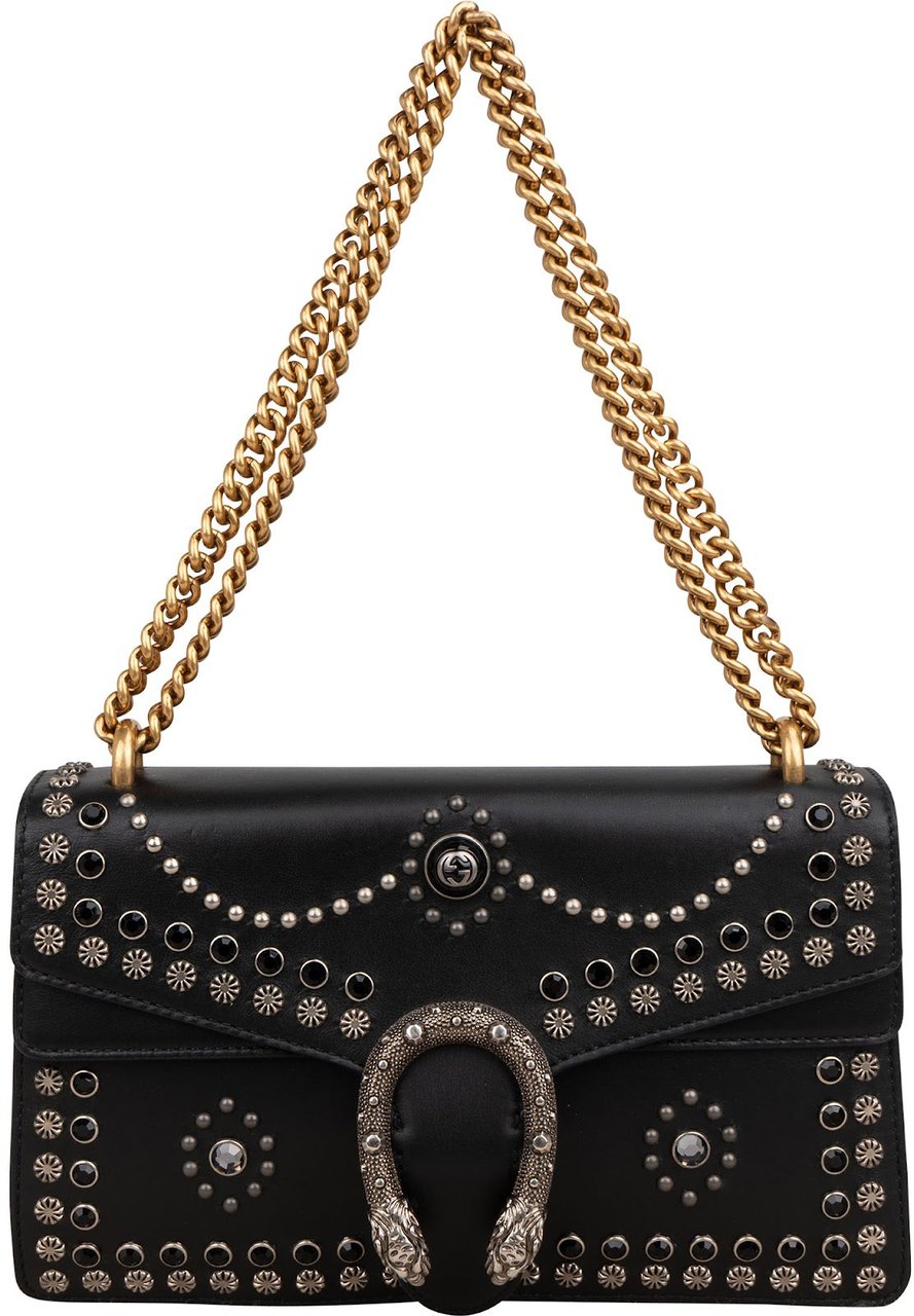Gucci Black Soft Leather Dionysus Studded Shoulder Bag Zwart