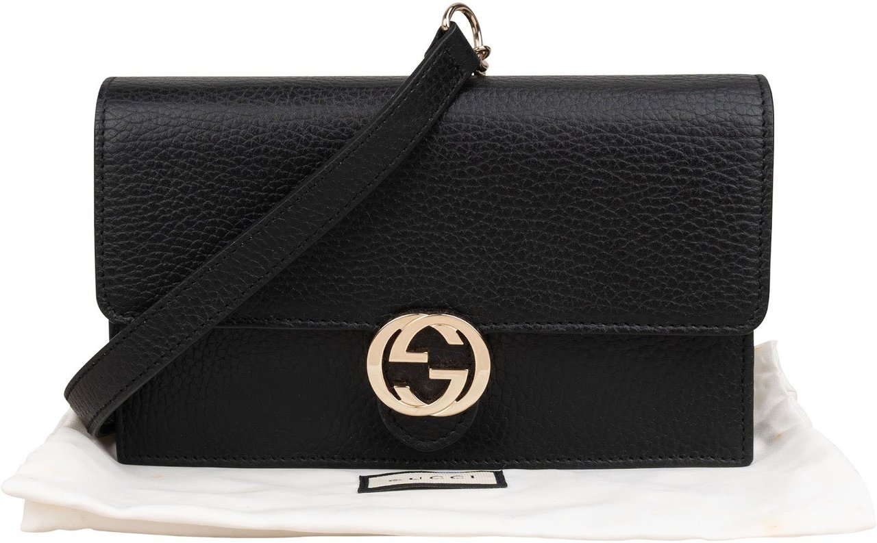Gucci Black Leather Interlocking GG Wallet On Chain Crossbody Bag Zwart