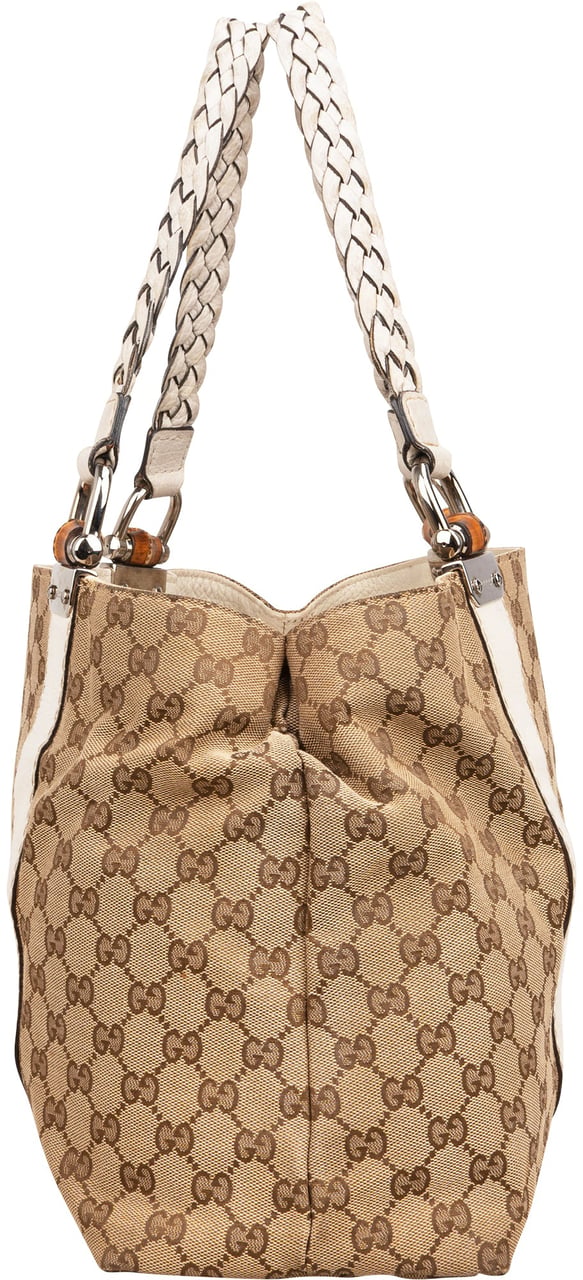 Gucci Monogram GG Canvas Leather Bamboo Woven Handle Shoulder Bag Beige