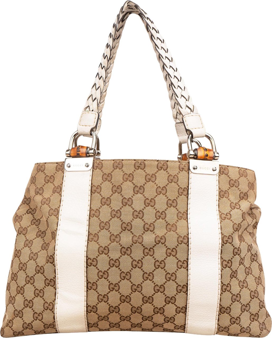 Gucci Monogram GG Canvas Leather Bamboo Woven Handle Shoulder Bag Beige