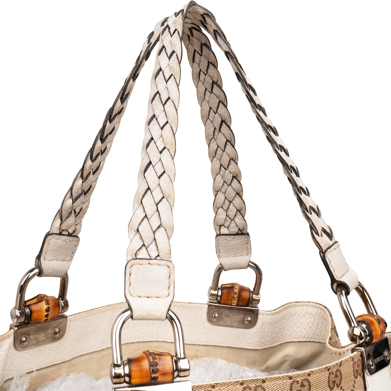 Gucci Monogram GG Canvas Leather Bamboo Woven Handle Shoulder Bag Beige