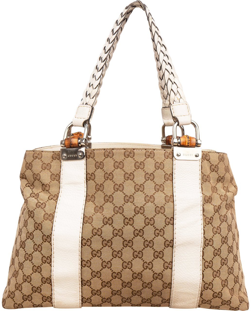 Gucci Monogram GG Canvas Leather Bamboo Woven Handle Shoulder Bag Beige