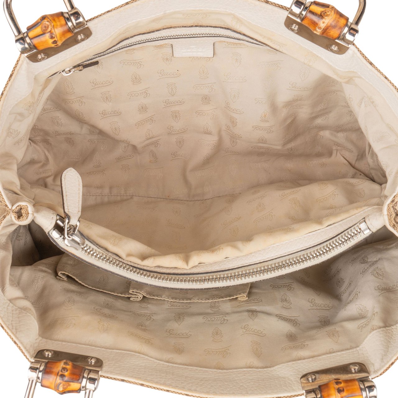 Gucci Monogram GG Canvas Leather Bamboo Woven Handle Shoulder Bag Beige