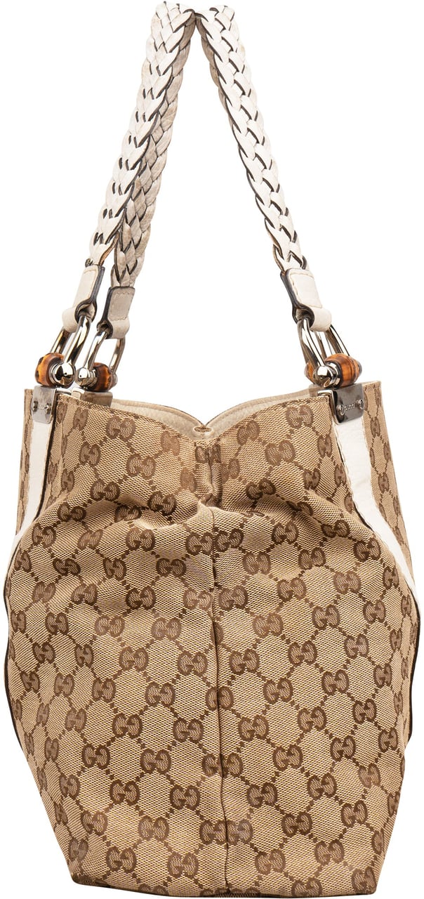 Gucci Monogram GG Canvas Leather Bamboo Woven Handle Shoulder Bag Beige