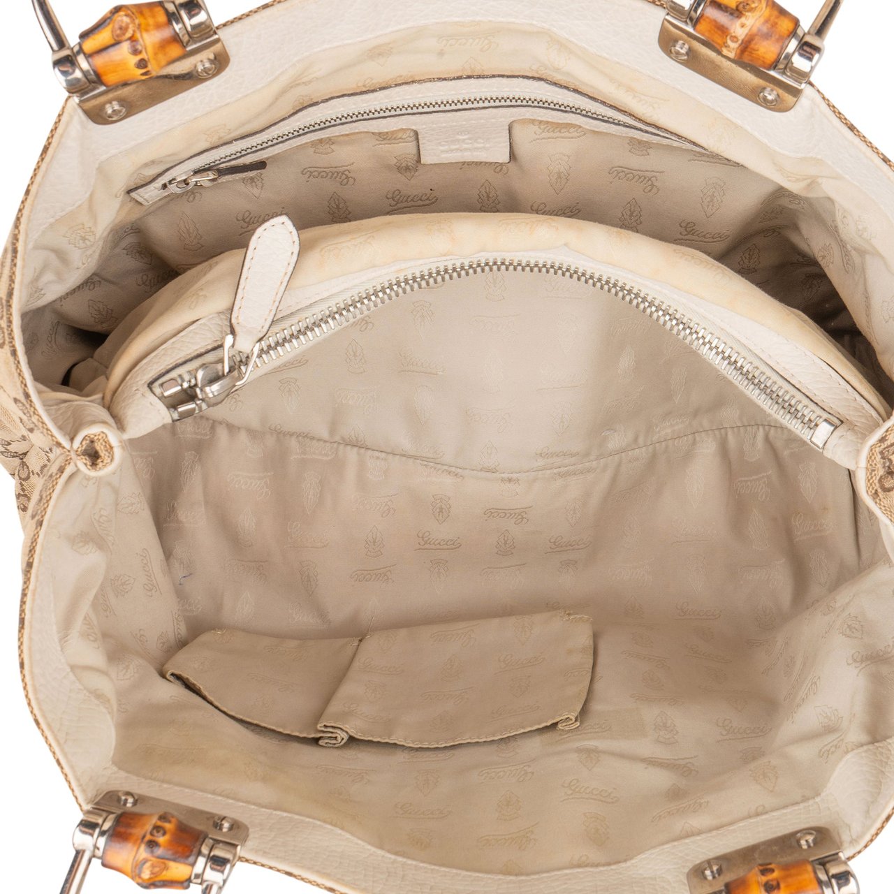 Gucci Monogram GG Canvas Leather Bamboo Woven Handle Shoulder Bag Beige