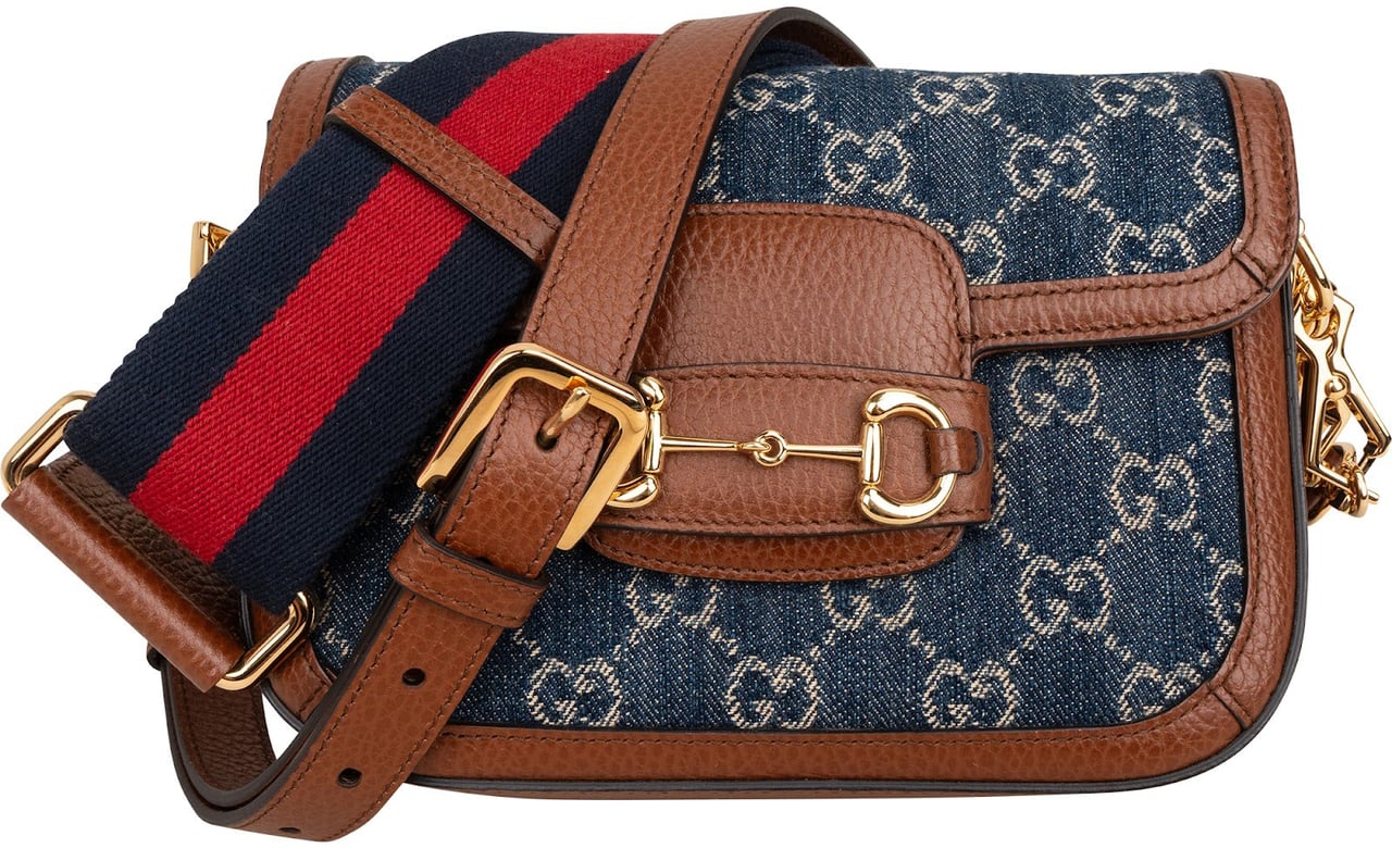 Gucci Monogram GG Denim Horsebit 1955 Shoulder Crossbody Bag Blauw