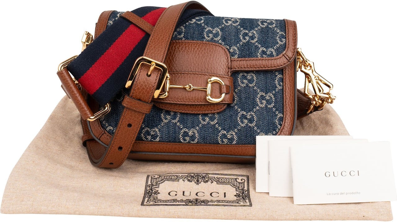 Gucci Monogram GG Denim Horsebit 1955 Shoulder Crossbody Bag Blauw