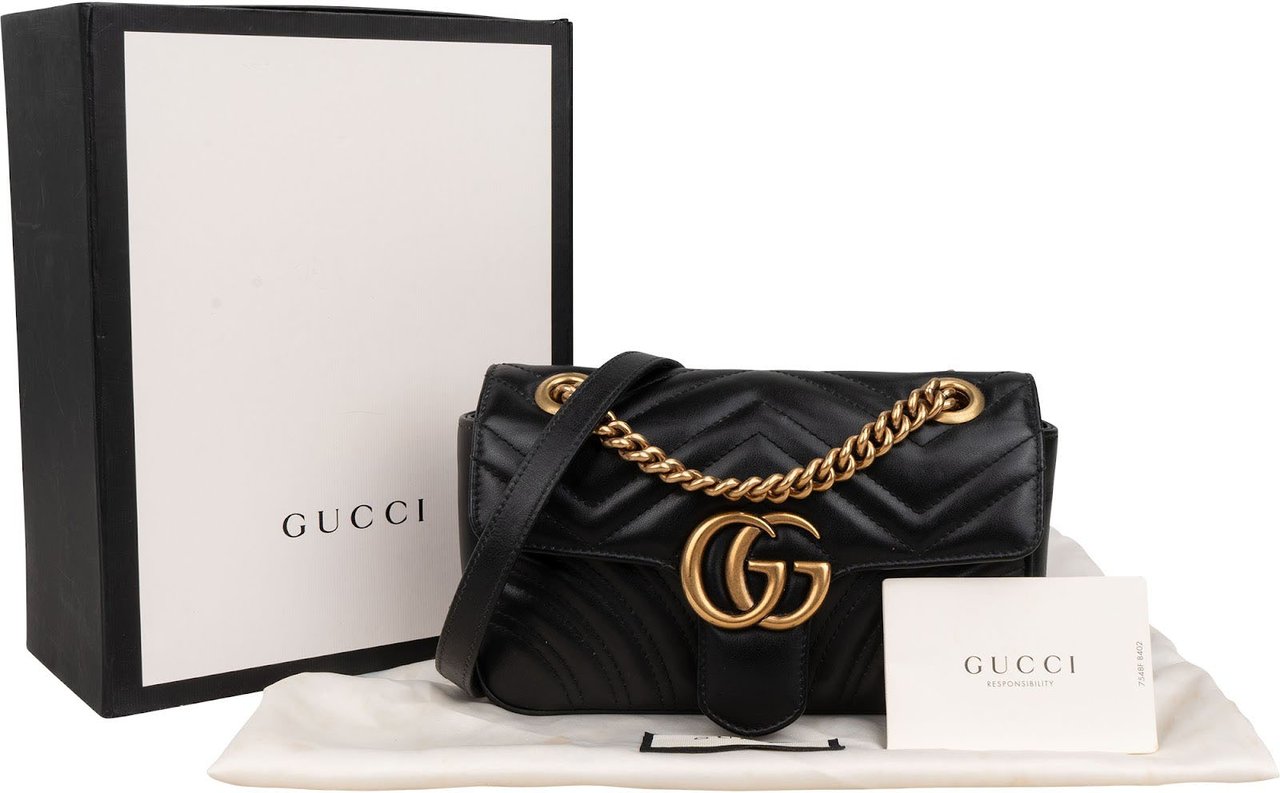 Gucci Chevron Matelassé Leather GG Marmont Small Shoulder Crossbody Bag Zwart