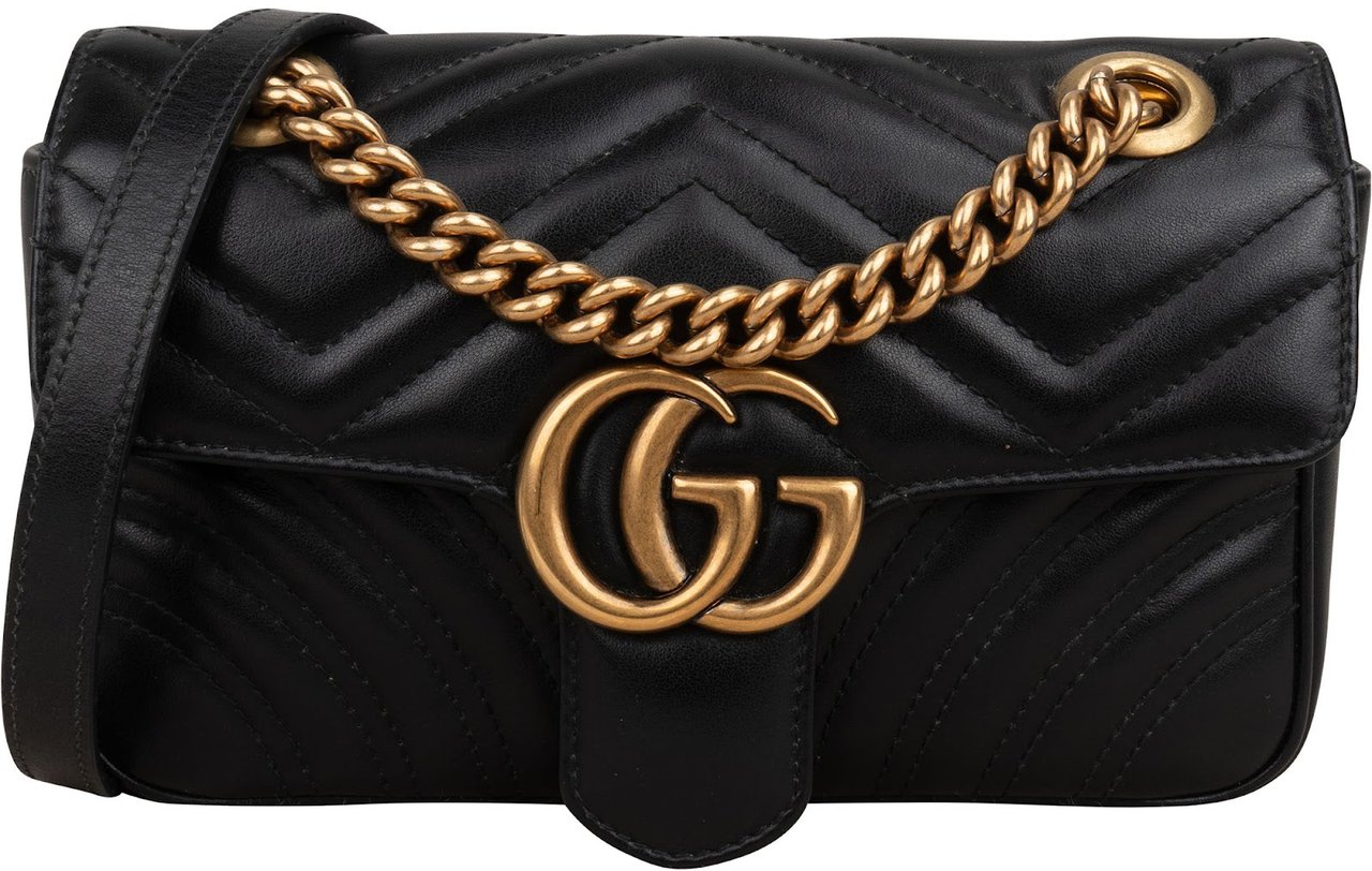 Gucci Chevron Matelassé Leather GG Marmont Small Shoulder Crossbody Bag Zwart