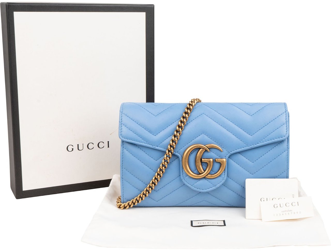 Gucci Chevron Matelassé Leather GG Marmont Wallet On Chain Crossbody Bag Lichtblauw