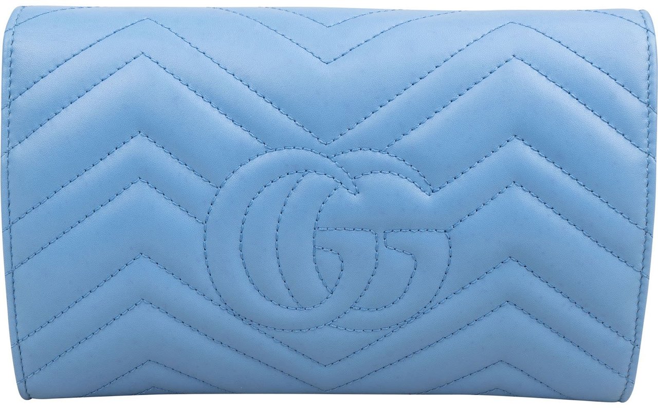 Gucci Chevron Matelassé Leather GG Marmont Wallet On Chain Crossbody Bag Lichtblauw