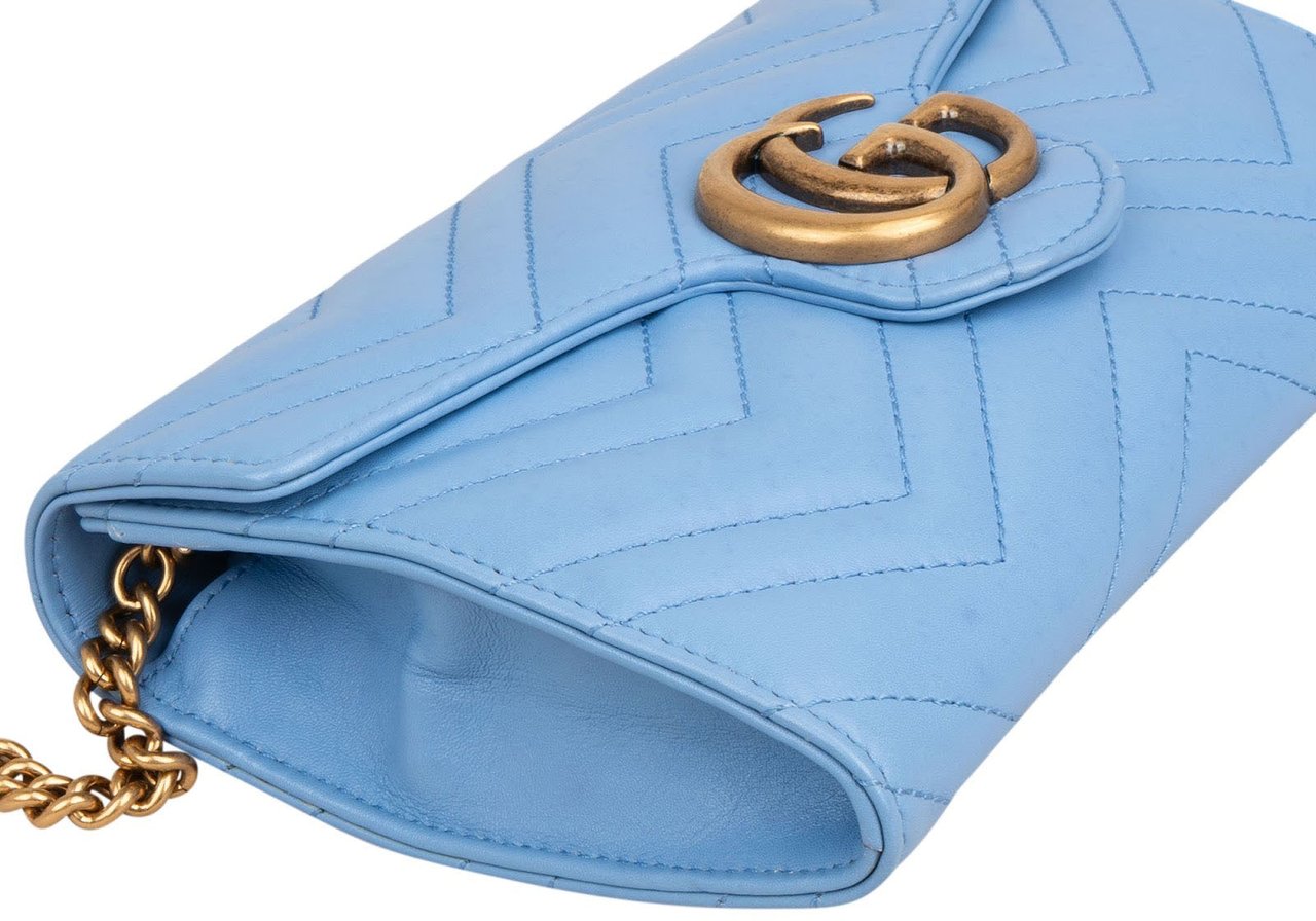 Gucci Chevron Matelassé Leather GG Marmont Wallet On Chain Crossbody Bag Lichtblauw