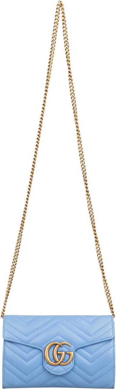 Gucci Chevron Matelassé Leather GG Marmont Wallet On Chain Crossbody Bag Lichtblauw
