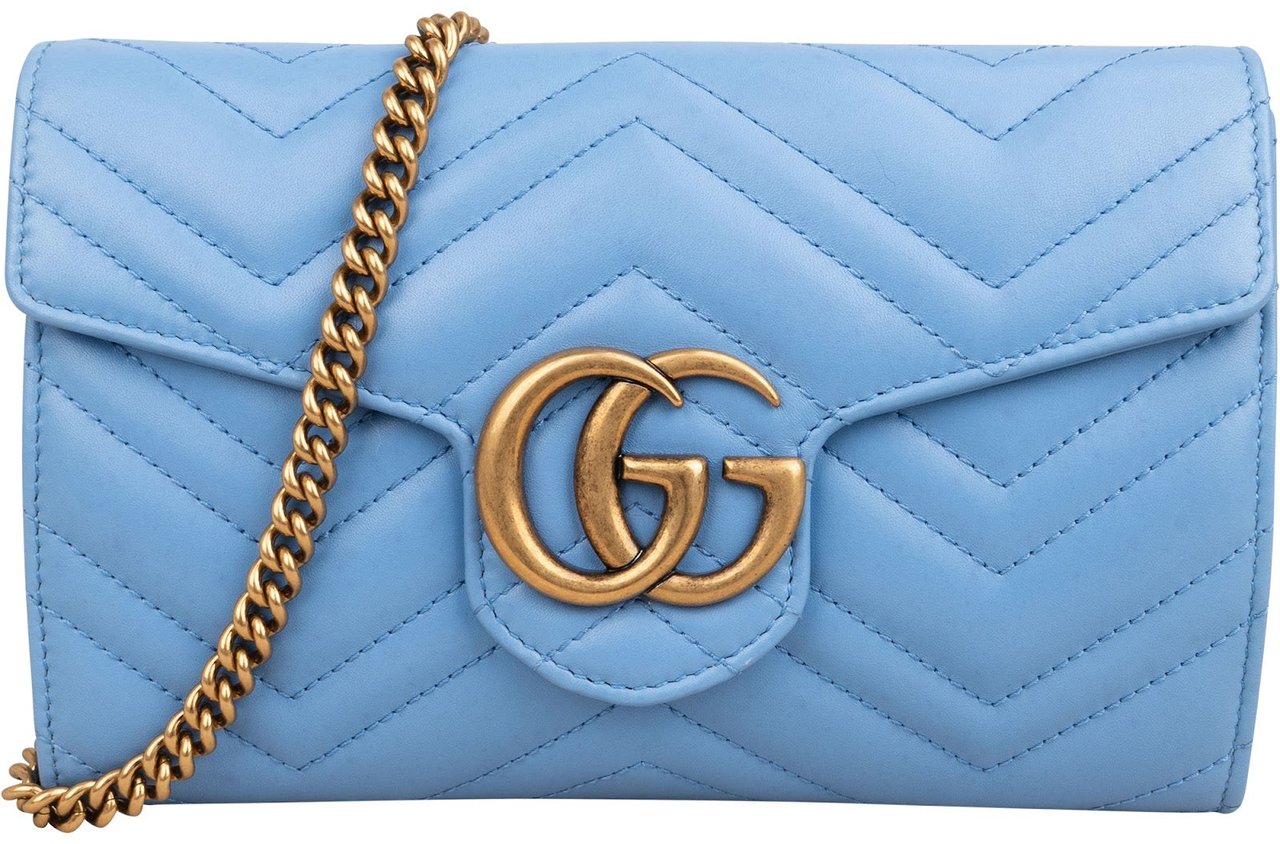 Gucci Chevron Matelassé Leather GG Marmont Wallet On Chain Crossbody Bag Lichtblauw