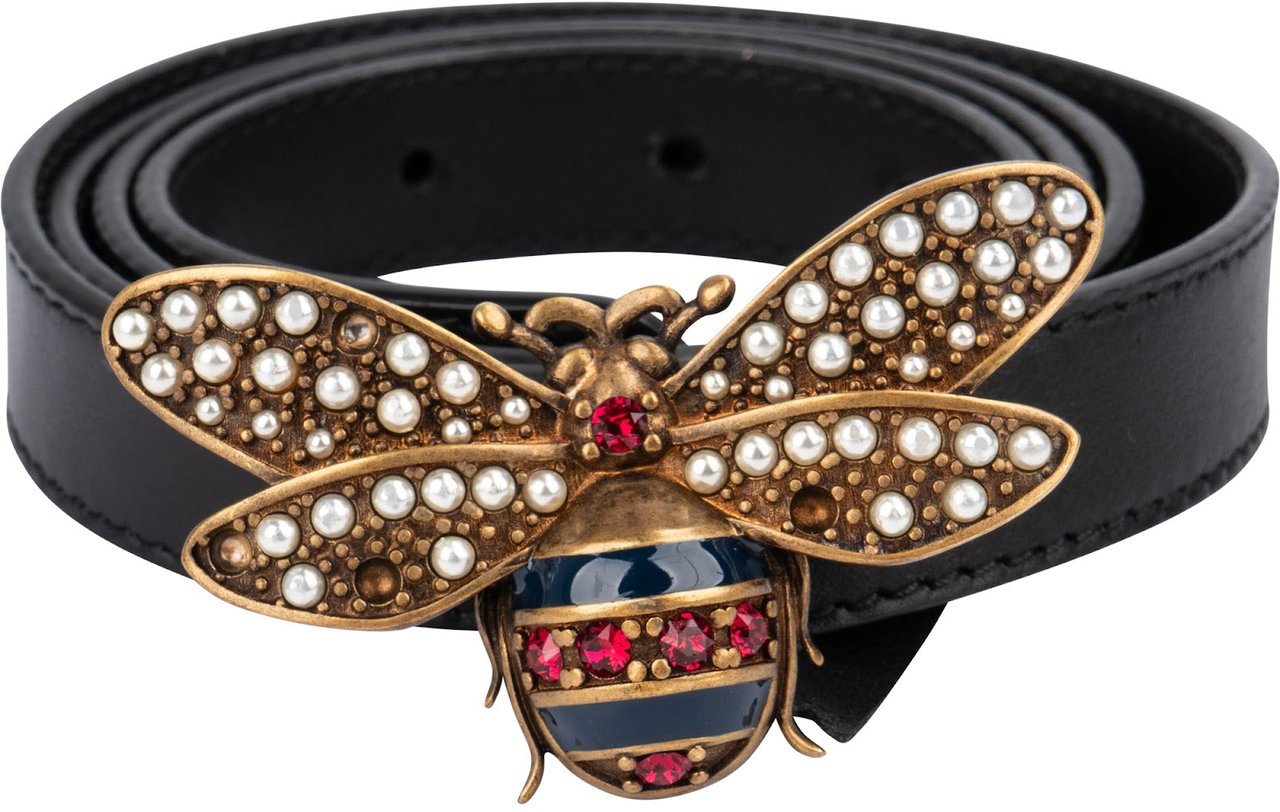 Gucci Black Leather Queen Margaret Bee Buckle Belt (90 / 36) Zwart