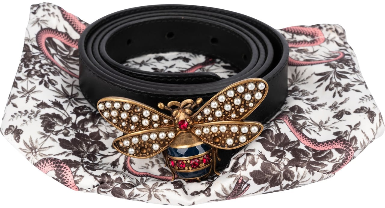 Gucci Black Leather Queen Margaret Bee Buckle Belt (90 / 36) Zwart