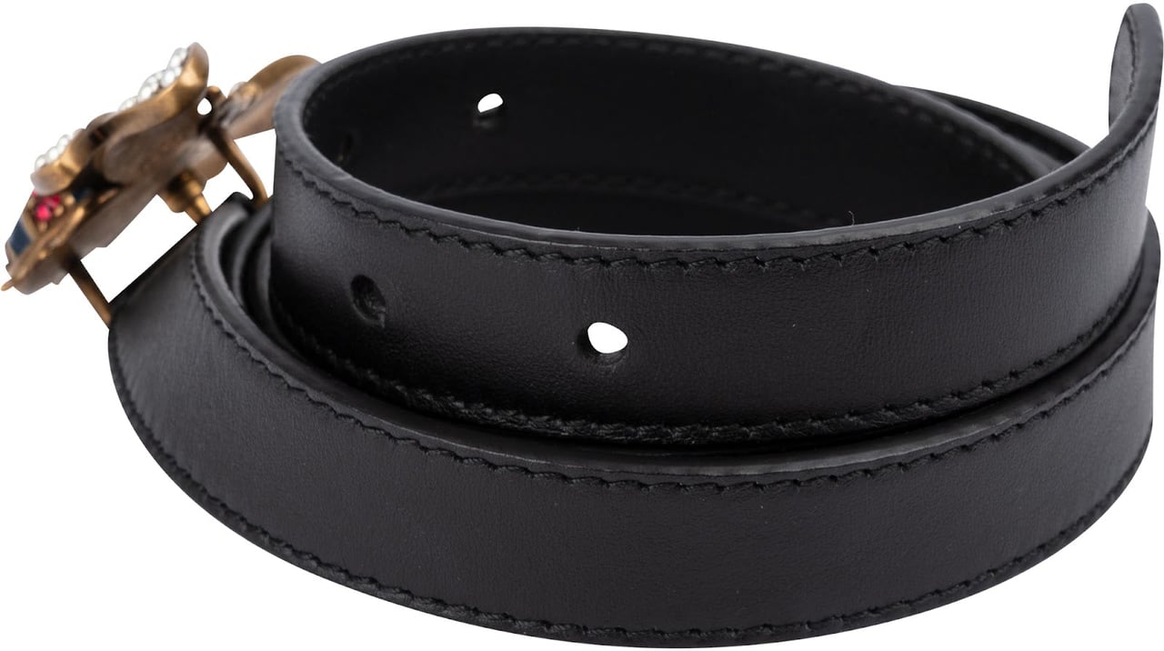 Gucci Black Leather Queen Margaret Bee Buckle Belt (90 / 36) Zwart