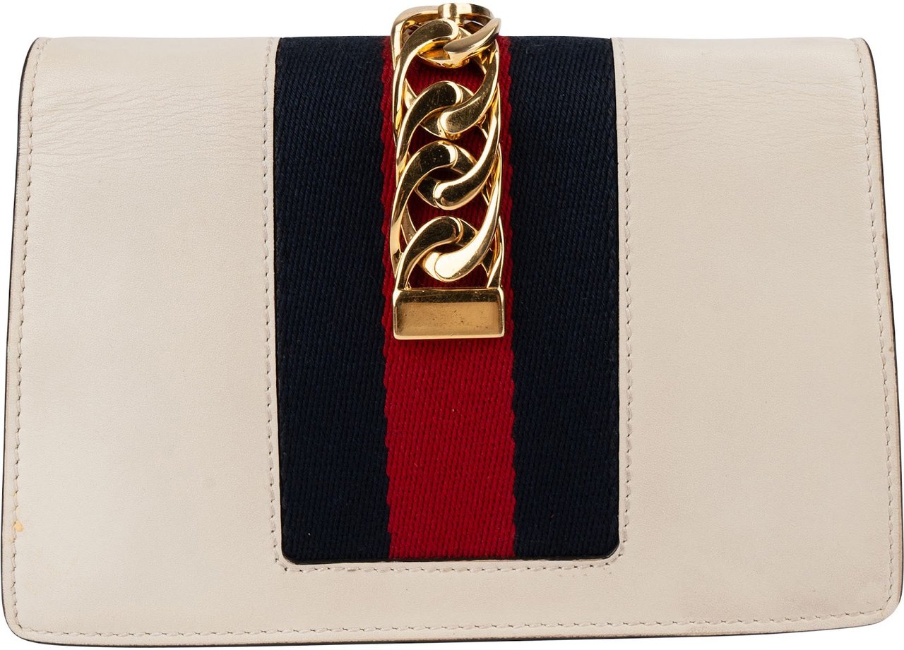 Gucci Leather Sylvie Mini Web Stripe Chain Crossbody Bag Beige