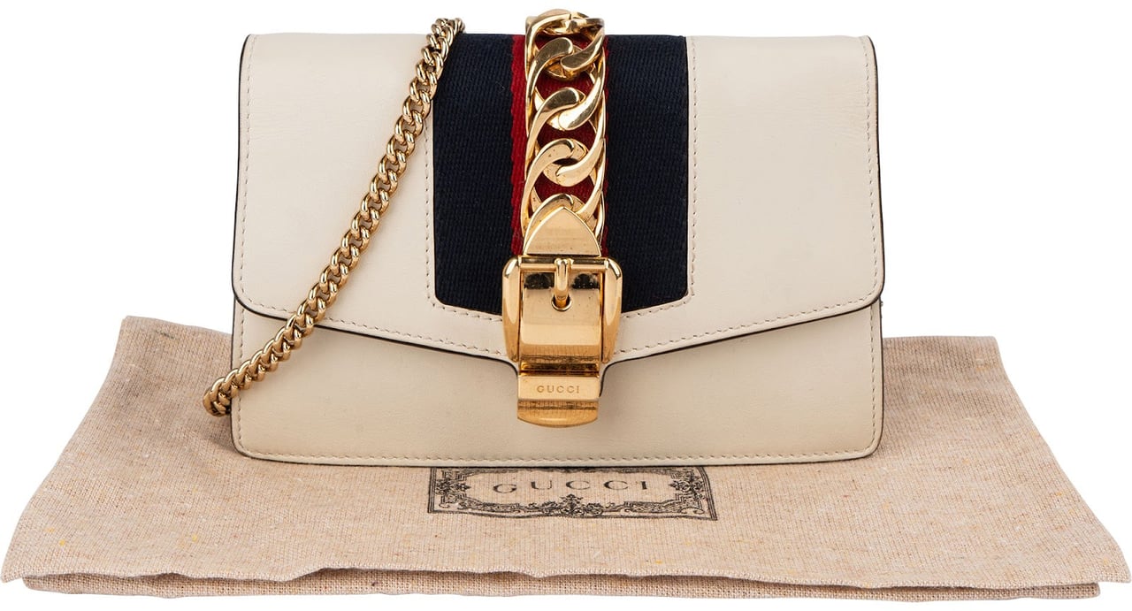 Gucci Leather Sylvie Mini Web Stripe Chain Crossbody Bag Beige
