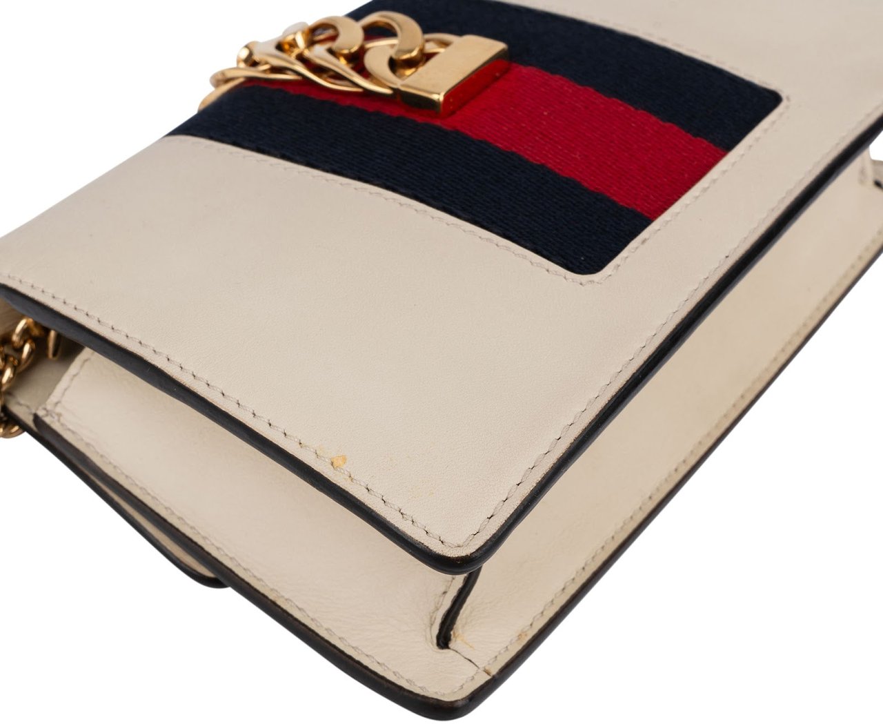 Gucci Leather Sylvie Mini Web Stripe Chain Crossbody Bag Beige