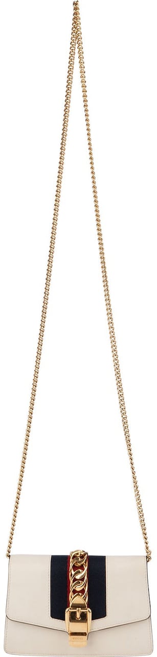 Gucci Leather Sylvie Mini Web Stripe Chain Crossbody Bag Beige