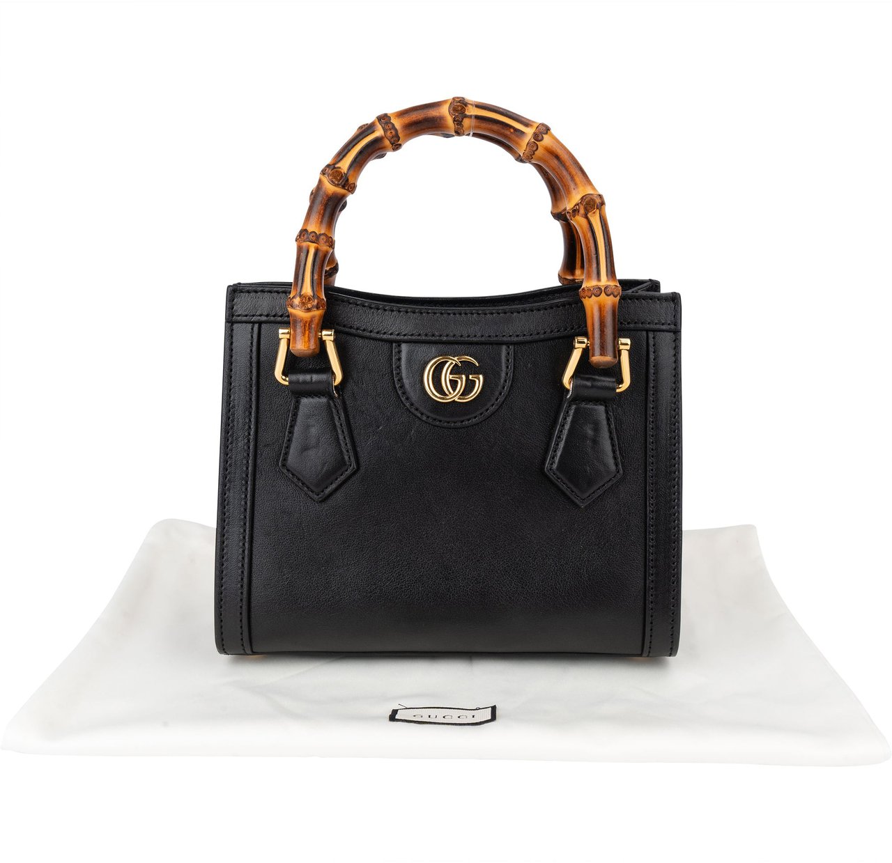 Gucci Gucci Black Leather Bamboo Diana Handbag Zwart