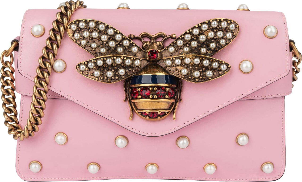 Gucci Gucci Pink Leather Queen Margaret Bee Crossbody Bag Roze