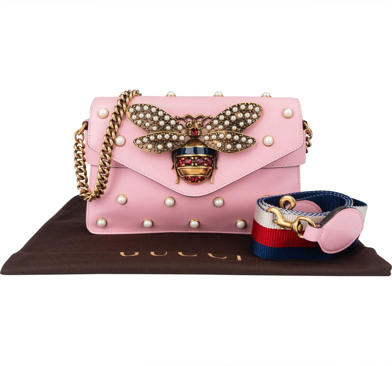 Gucci Gucci Pink Leather Queen Margaret Bee Crossbody Bag Roze