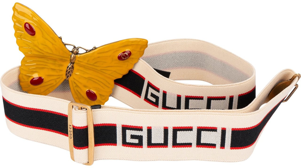 Gucci Multicolor Elastic Stoff Butterfly Buckle Web Belt Geel