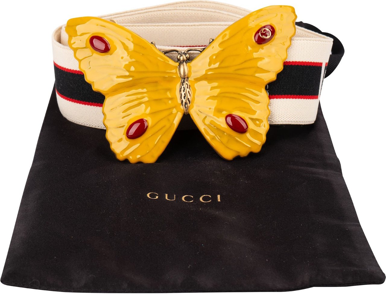 Gucci Multicolor Elastic Stoff Butterfly Buckle Web Belt Geel