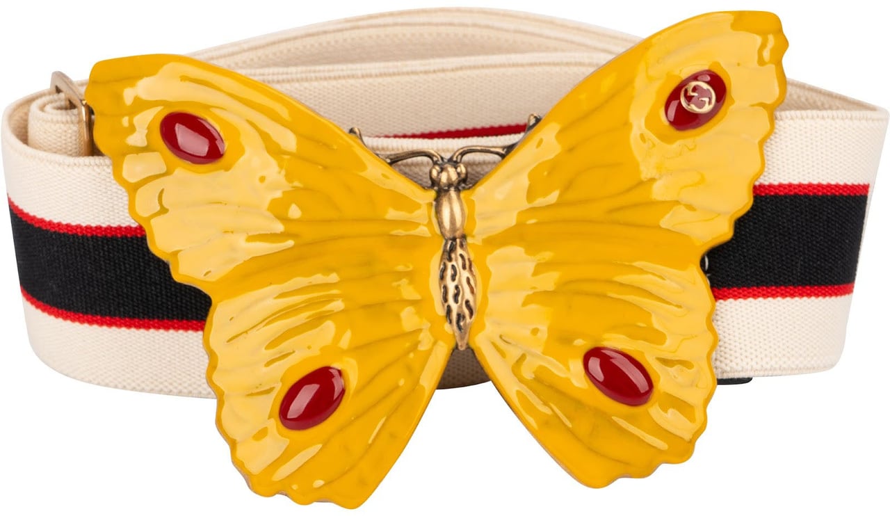 Gucci Multicolor Elastic Stoff Butterfly Buckle Web Belt Geel