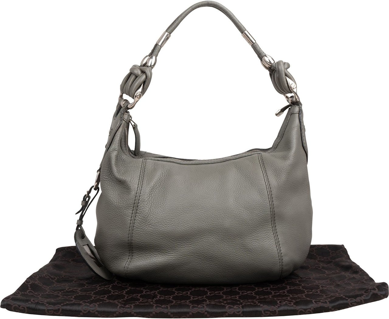 Gucci Pebbled Leather Horsebit Hobo Shoulder Bag Donkergrijs