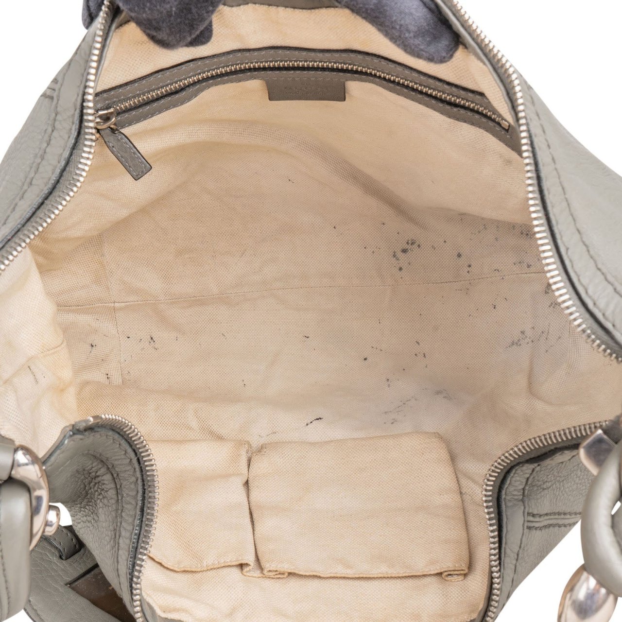 Gucci Pebbled Leather Horsebit Hobo Shoulder Bag Donkergrijs