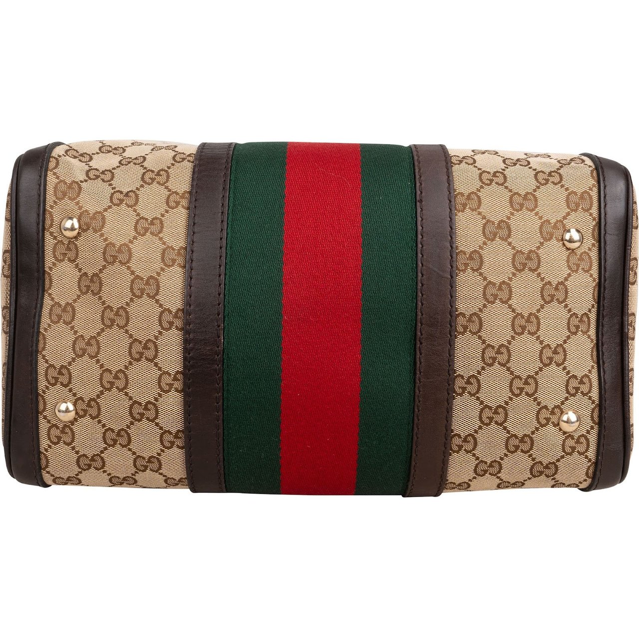 Gucci Monogram GG Canvas  Web Boston Bag Handbag Bruin