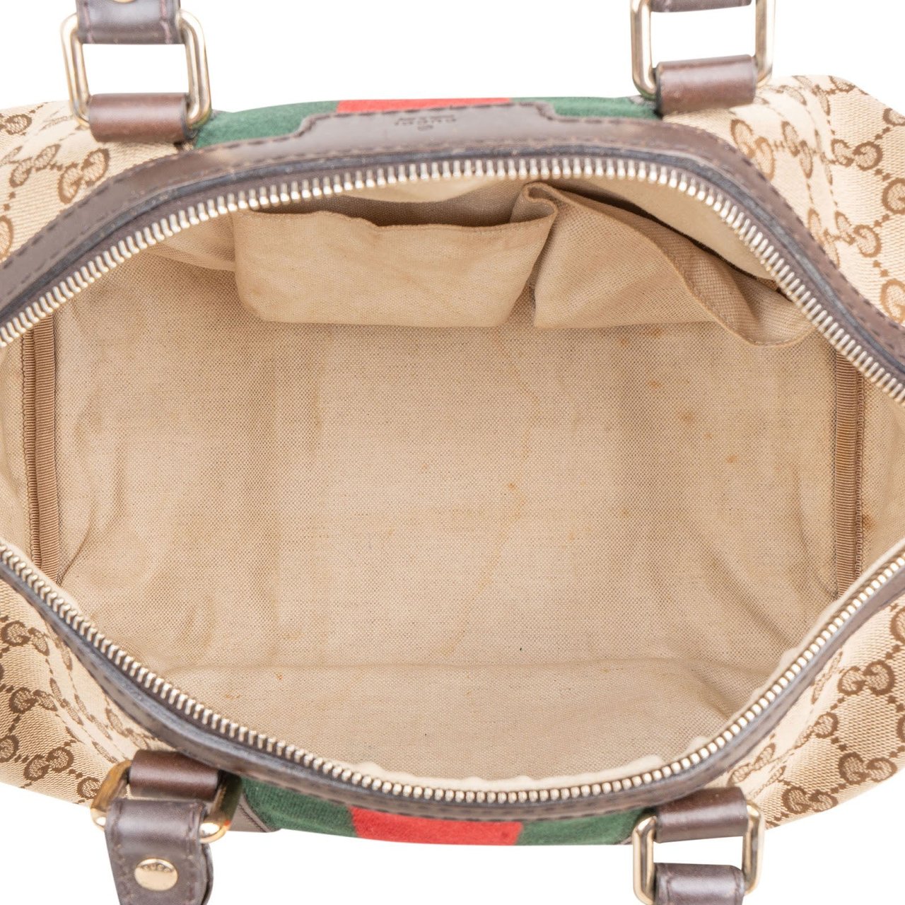 Gucci Monogram GG Canvas  Web Boston Bag Handbag Bruin