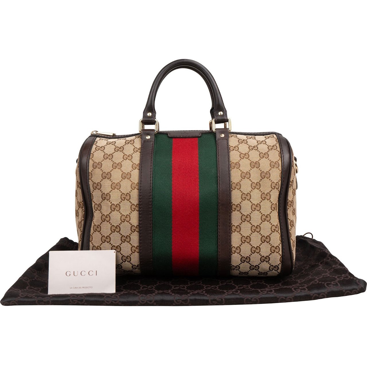 Gucci Monogram GG Canvas  Web Boston Bag Handbag Bruin