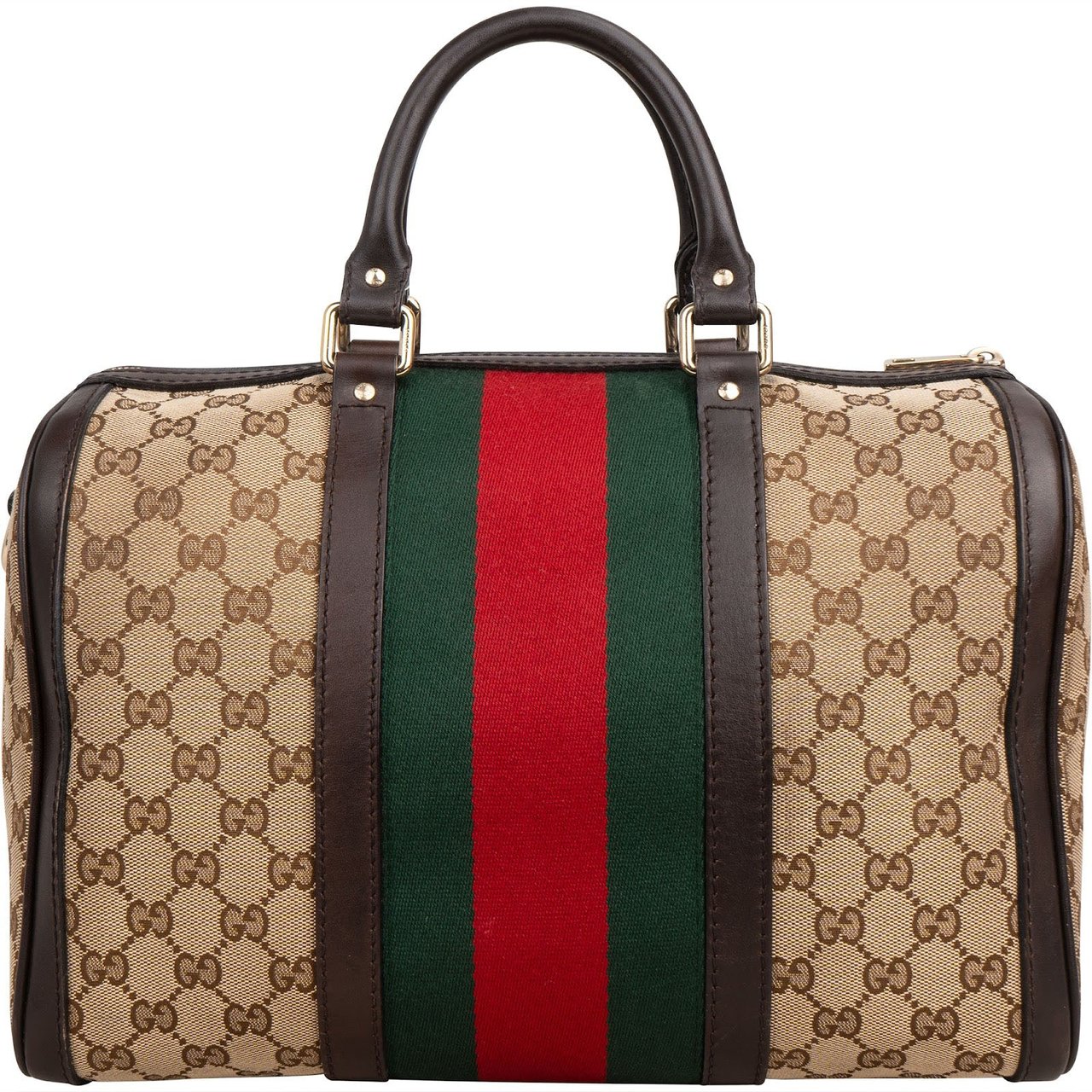 Gucci Monogram GG Canvas  Web Boston Bag Handbag Bruin