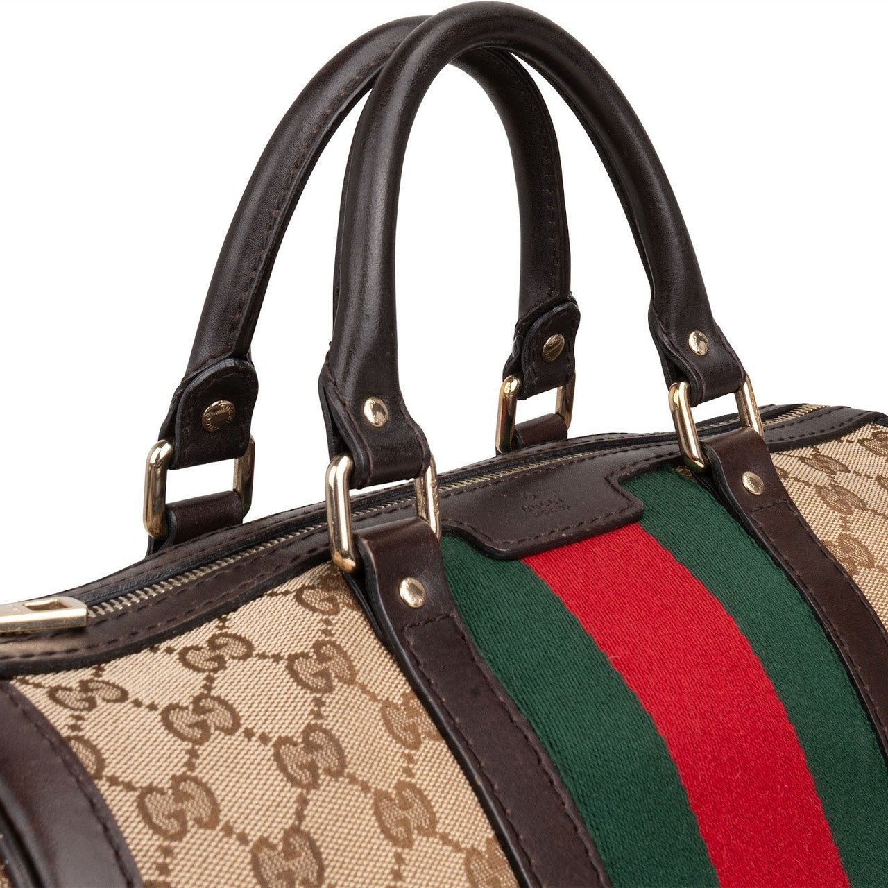 Gucci Monogram GG Canvas  Web Boston Bag Handbag Bruin