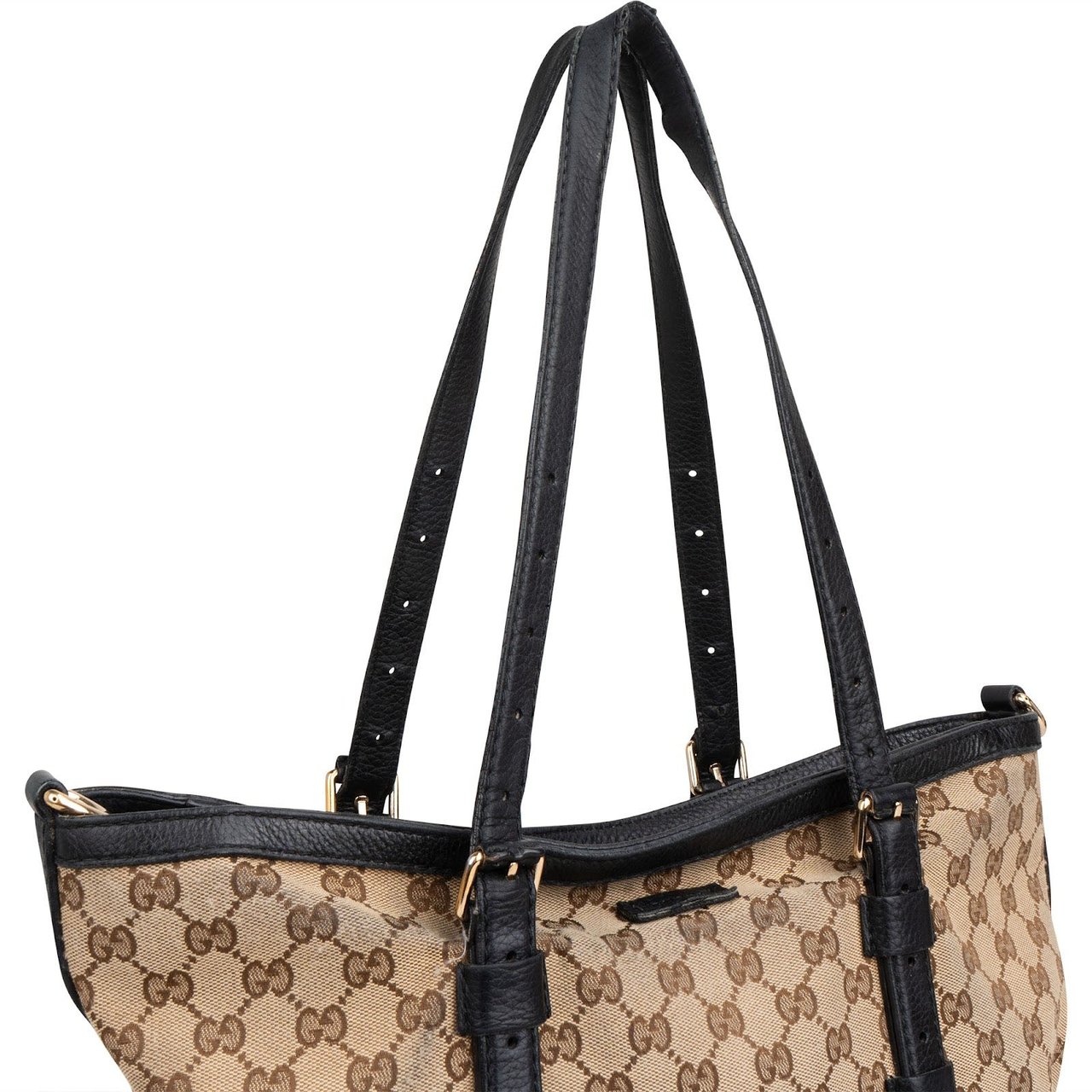 Gucci Monogram GG Canvas Trimmed Leather Tote Shoulder Bag Bruin