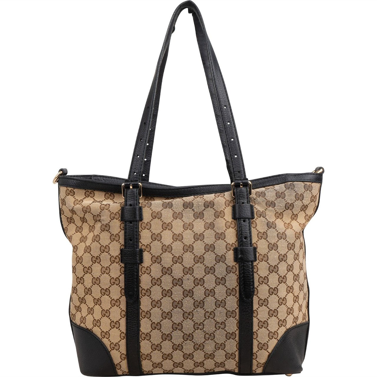Gucci Monogram GG Canvas Trimmed Leather Tote Shoulder Bag Bruin